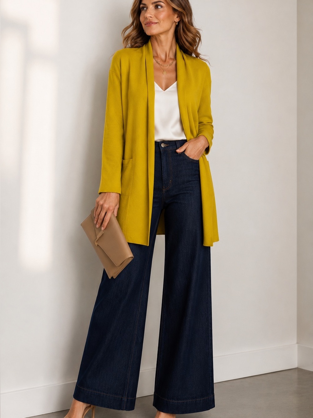 Eileen Fisher Mustard Yellow 100% Wool Open Front Cardigan Sweater Small